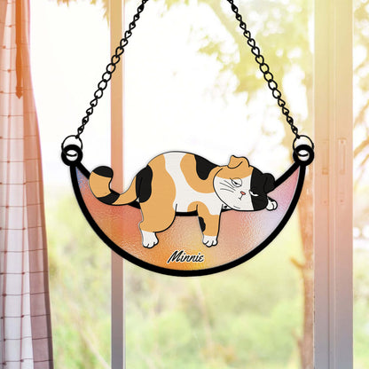 Personalized Lazy Cat Sleeping On Moon Hanging Suncatcher Ornament