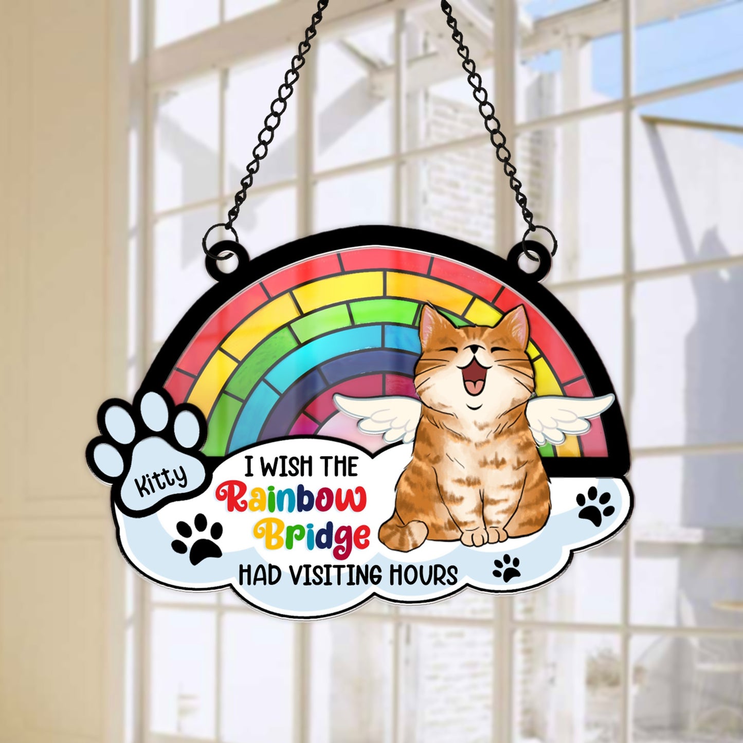 Personalized Cat Memorial Wish Rainbow Bridge Had Visiting Hour Hanging Suncatcher Ornament