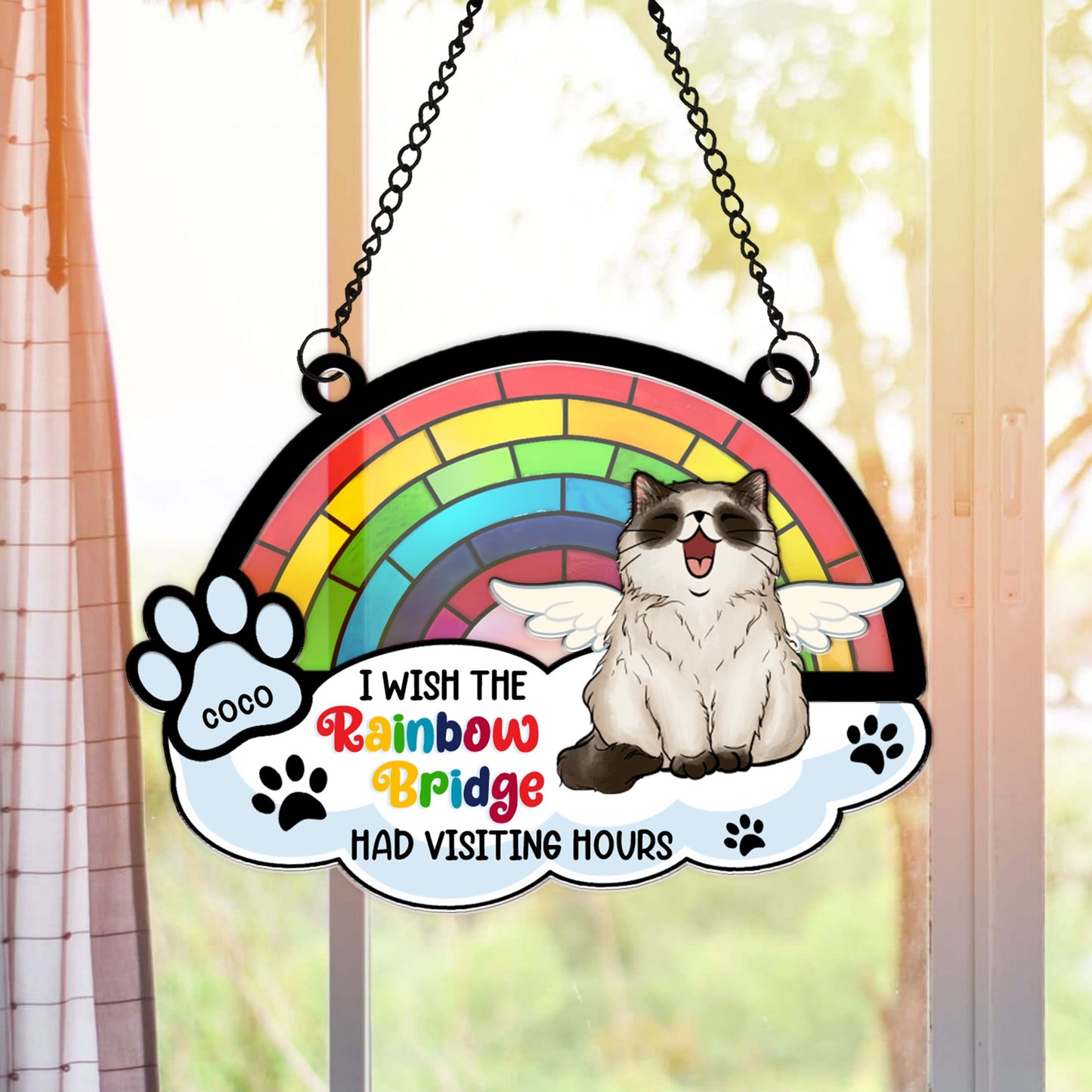 Personalized Cat Memorial Wish Rainbow Bridge Had Visiting Hour Hanging Suncatcher Ornament