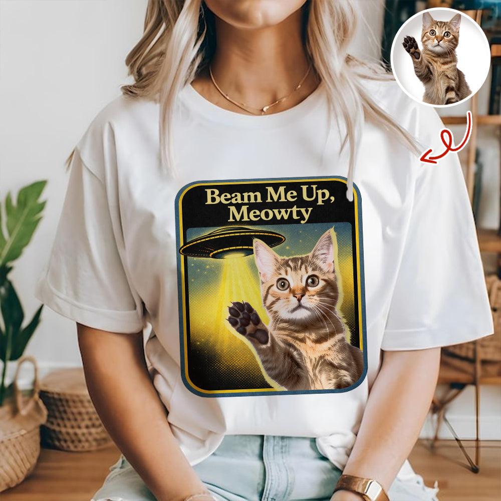 Personalized Cat Photo Beam Me Up Meowty UFO T-Shirt