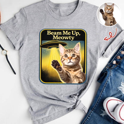 Personalized Cat Photo Beam Me Up Meowty UFO T-Shirt