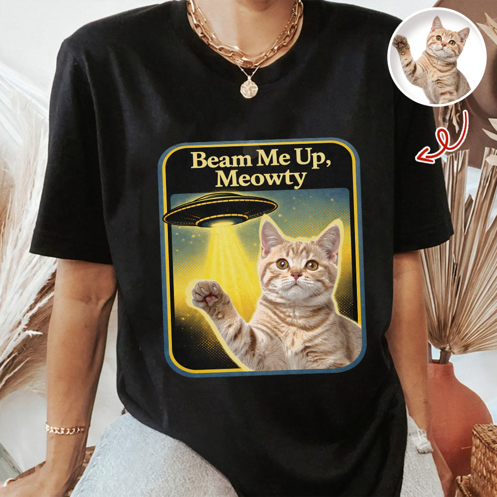Personalized Cat Photo Beam Me Up Meowty UFO T-Shirt