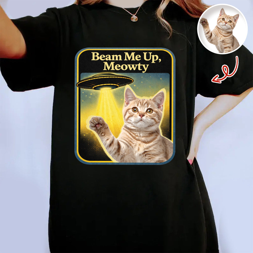 Personalized Cat Photo Beam Me Up Meowty UFO T-Shirt