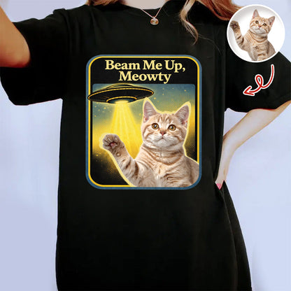 Personalized Cat Photo Beam Me Up Meowty UFO T-Shirt