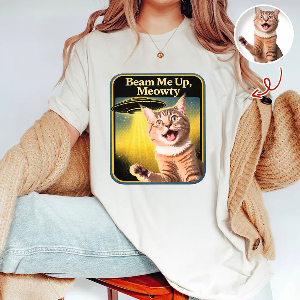 Personalized Cat Photo Beam Me Up Meowty UFO T-Shirt