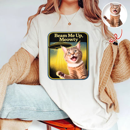 Personalized Cat Photo Beam Me Up Meowty UFO T-Shirt