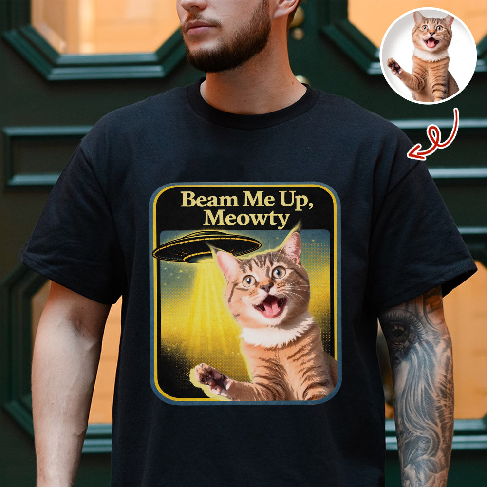 Personalized Cat Photo Beam Me Up Meowty UFO T-Shirt