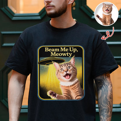 Personalized Cat Photo Beam Me Up Meowty UFO T-Shirt