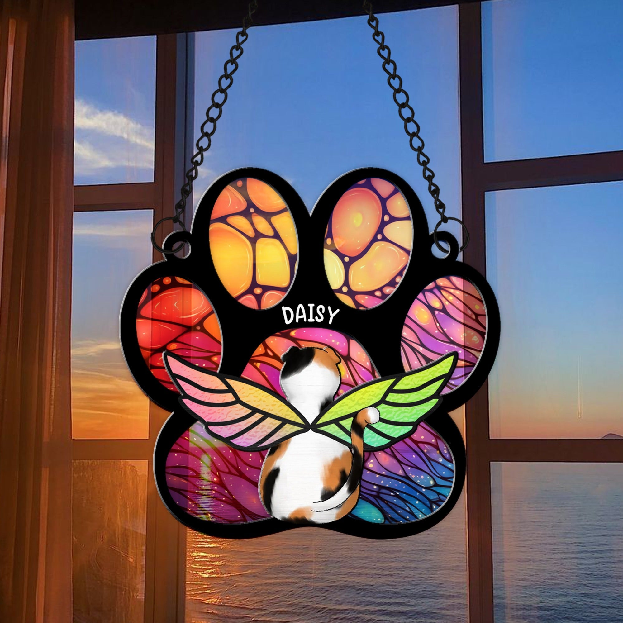 Personalized Cat With Angel Wings Memorial Cat Paw Print Hanging Suncatcher Ornament