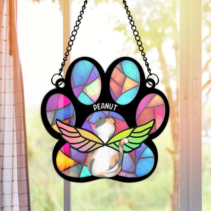 Personalized Cat With Angel Wings Memorial Cat Paw Print Hanging Suncatcher Ornament