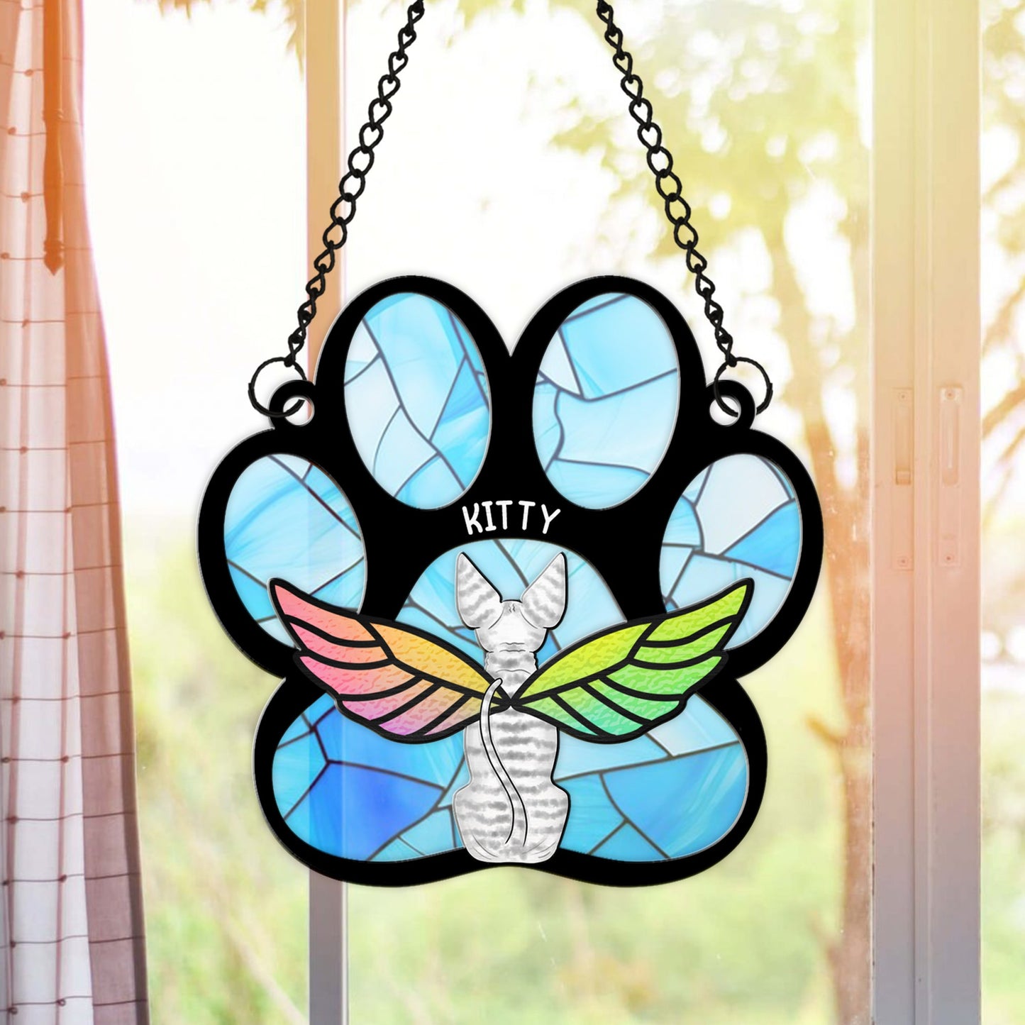 Personalized Cat With Angel Wings Memorial Cat Paw Print Hanging Suncatcher Ornament