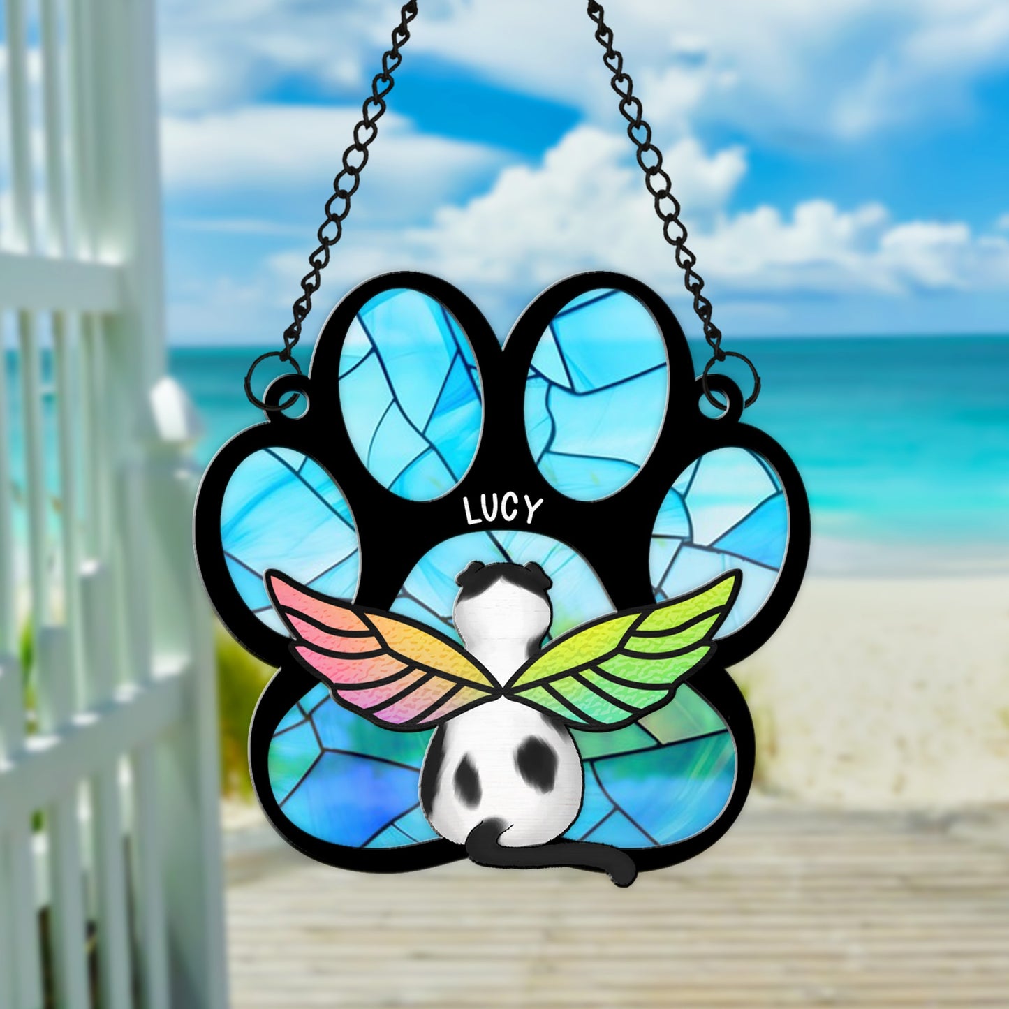 Personalized Cat With Angel Wings Memorial Cat Paw Print Hanging Suncatcher Ornament