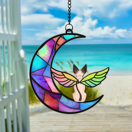 Personalized Cat With Angels Wings Half Moon Hanging Suncatcher Ornament