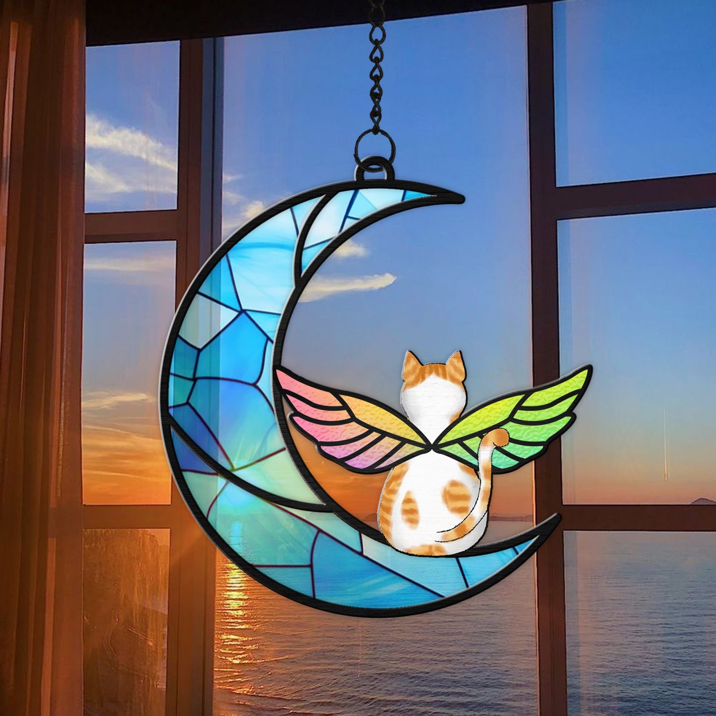 Personalized Cat With Angels Wings Half Moon Hanging Suncatcher Ornament