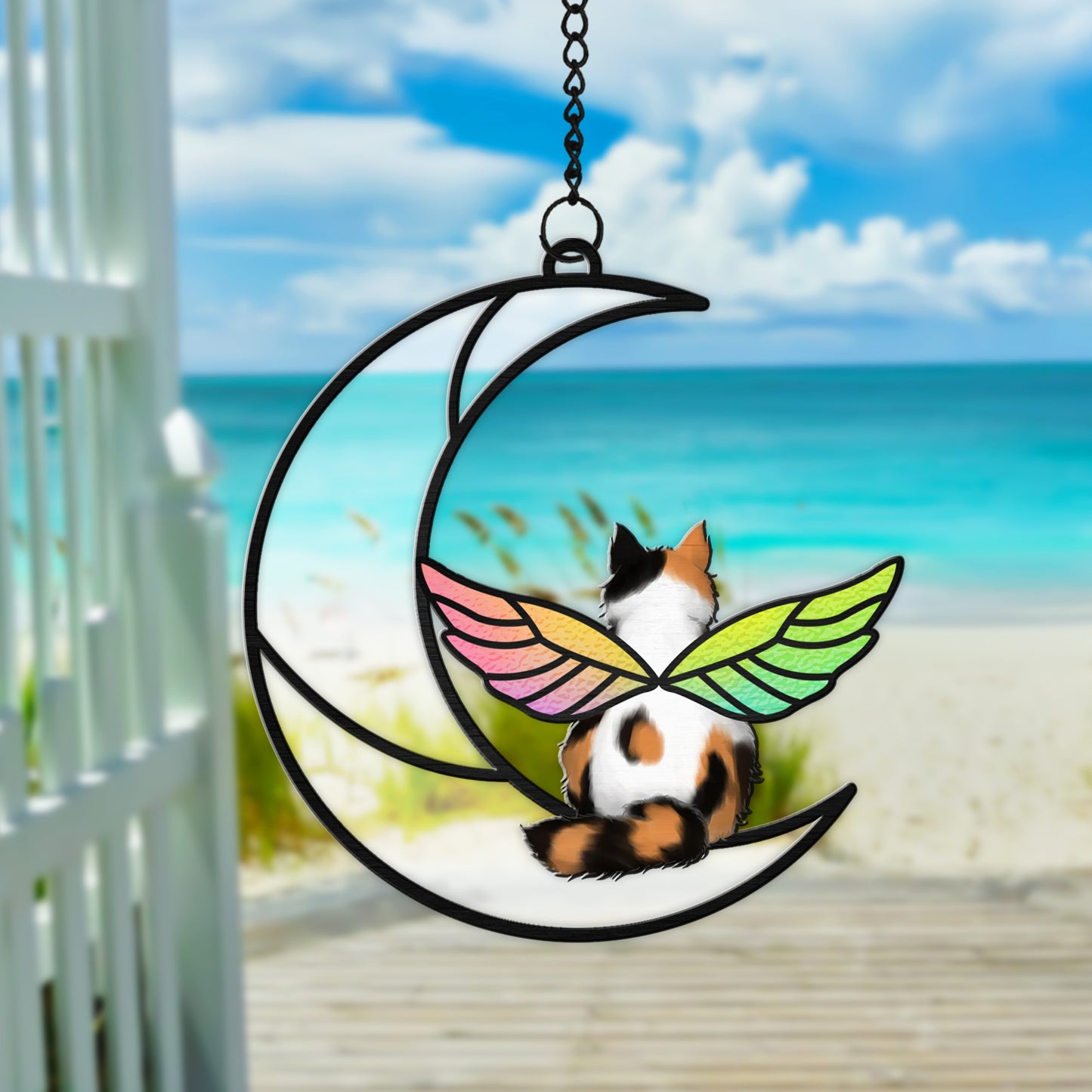 Personalized Cat With Angels Wings Half Moon Hanging Suncatcher Ornament