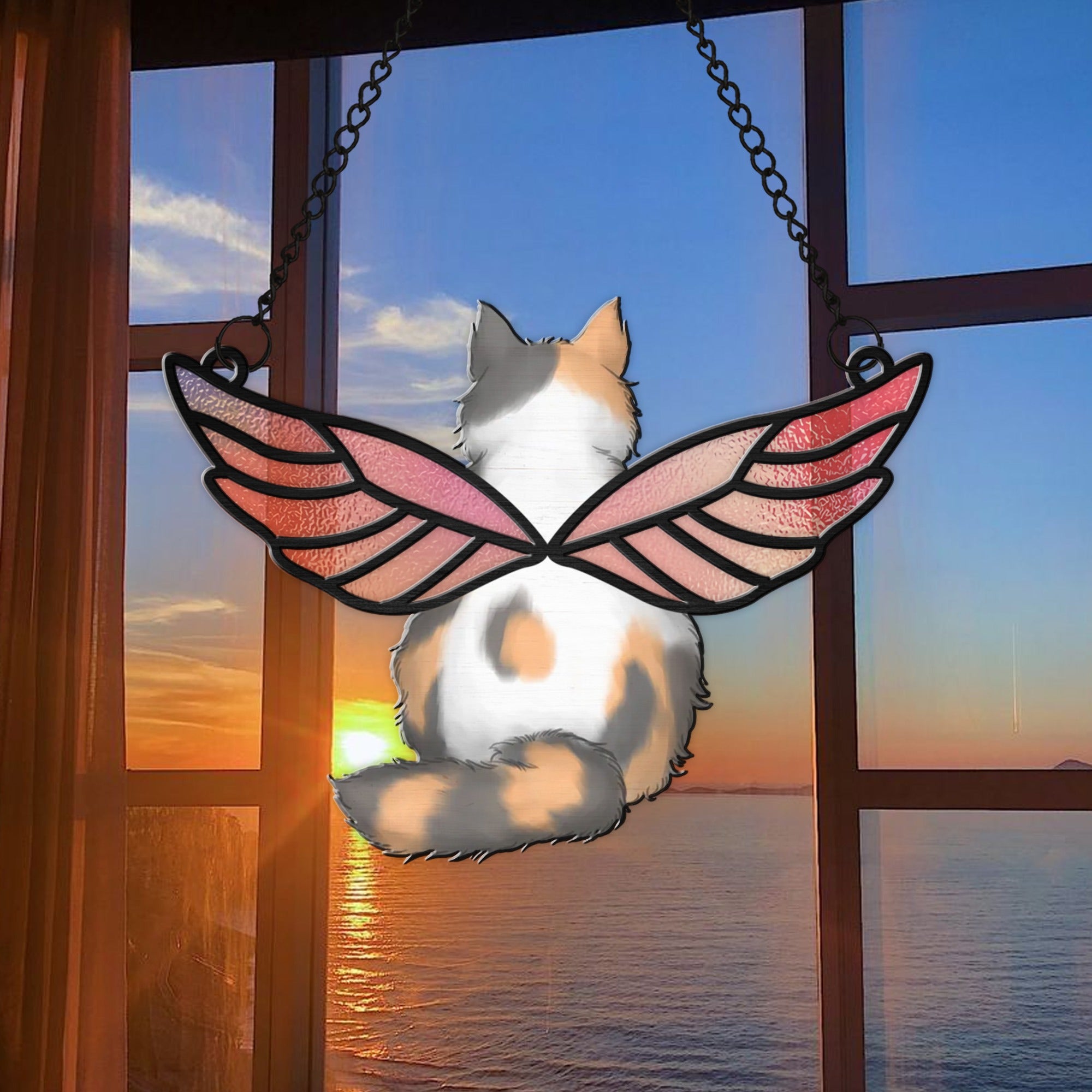 Personalized Cat With Angels Wings Hanging Suncatcher Ornament