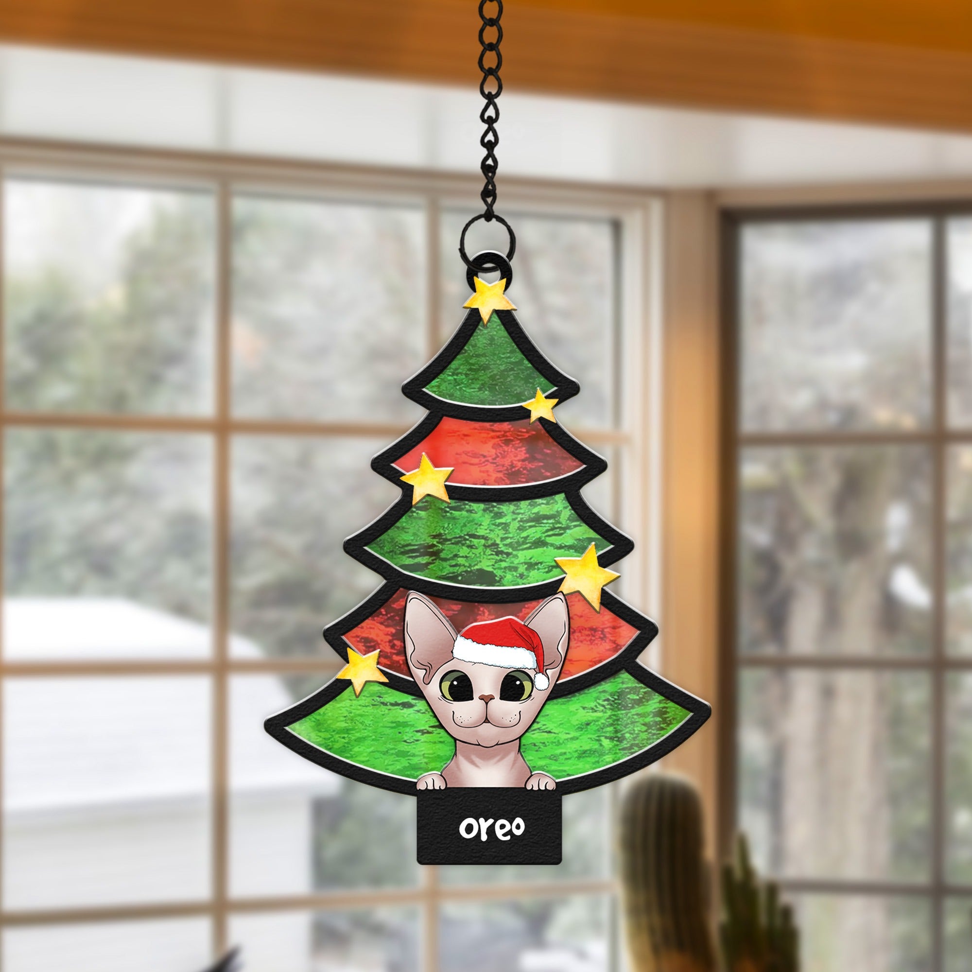 Personalized Cat With Christmas Tree Hanging Suncatcher Ornament