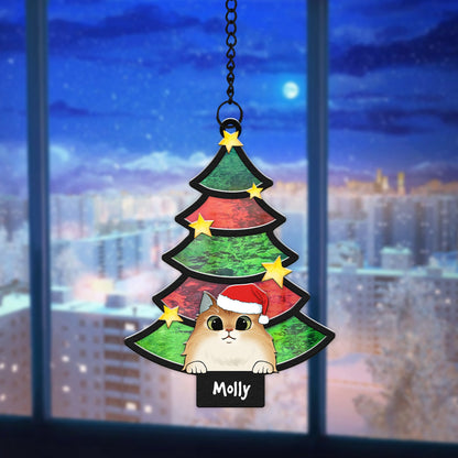 Personalized Cat With Christmas Tree Hanging Suncatcher Ornament