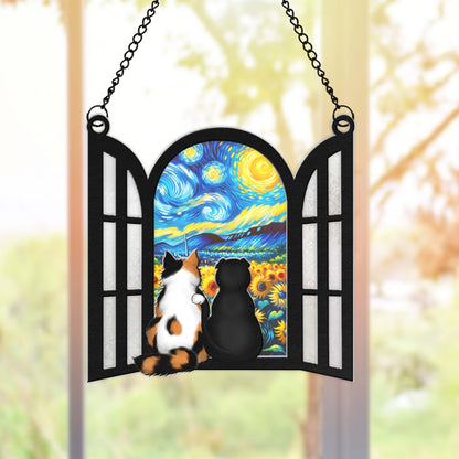 Personalized Cats Looking Outside Window Hanging Suncatcher Ornament