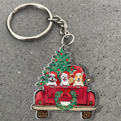 Personalized Dog And Cat With Red Santa Car Happy Christmas Acrylic Keychain