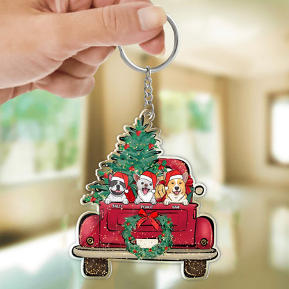 Personalized Dog And Cat With Red Santa Car Happy Christmas Acrylic Keychain