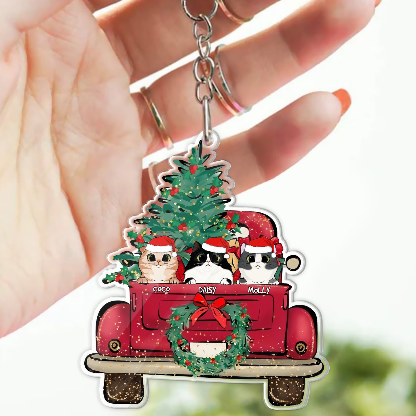 Personalized Dog And Cat With Red Santa Car Happy Christmas Acrylic Keychain