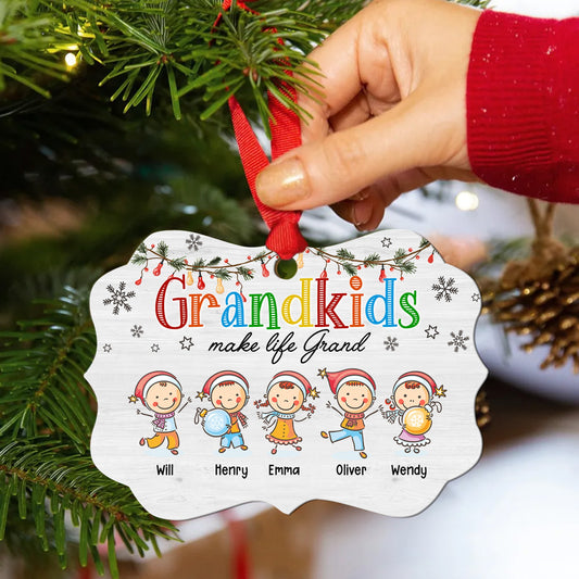 Personalized Christmas Grandkids Make Life Grand Aluminum Ornament