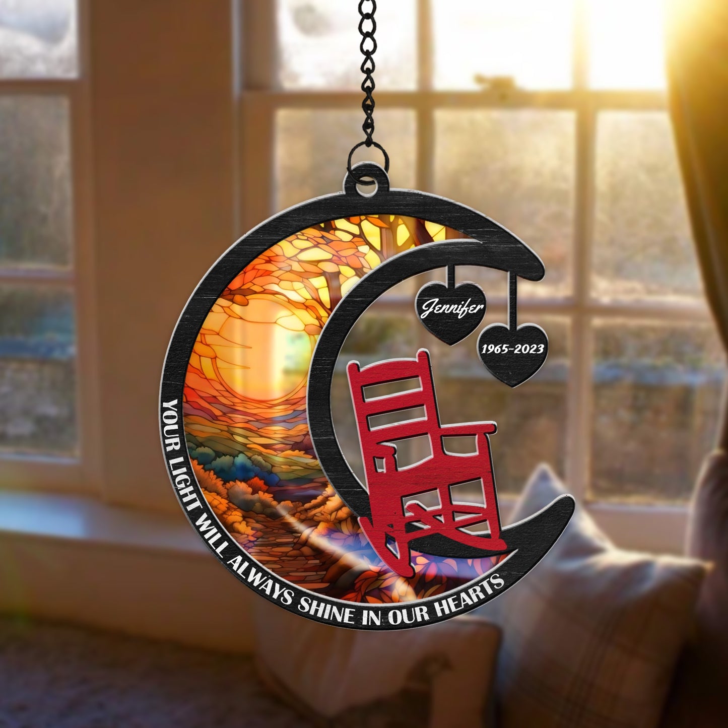 Personalized Christmas In Heaven Chair, Your Light Will Always Shine in Our Hearts Hanging Suncatcher Ornament