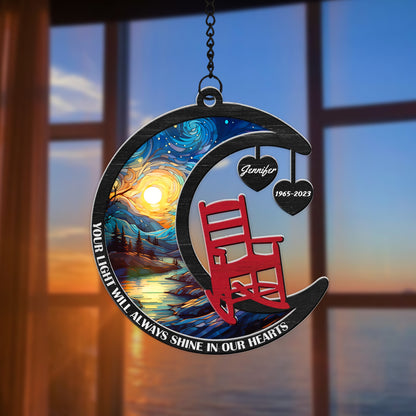 Personalized Christmas In Heaven Chair, Your Light Will Always Shine in Our Hearts Hanging Suncatcher Ornament