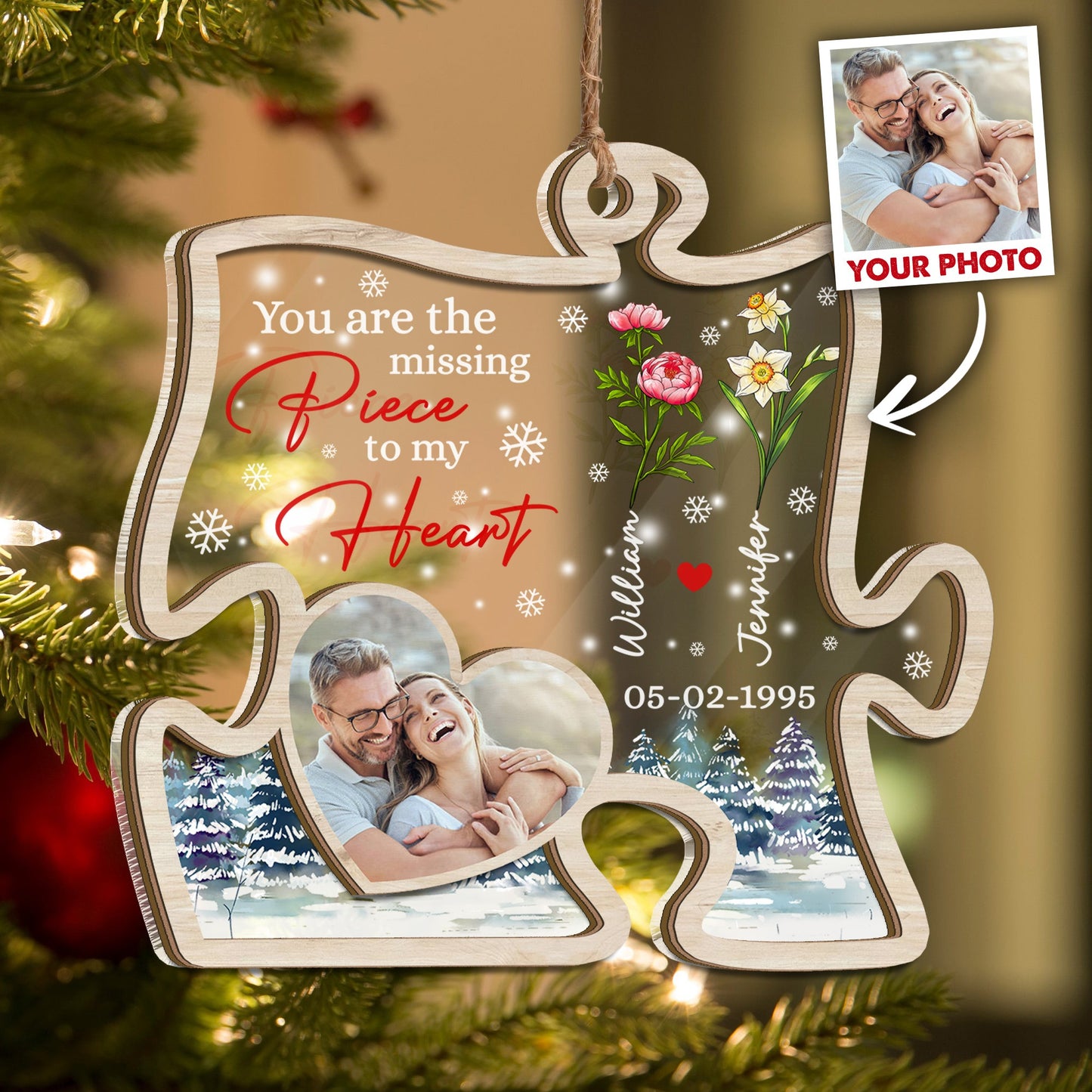 Personalized Couple Photo Christmas You Are The Missing Piece To My Heart 2 Layered Mix Ornament