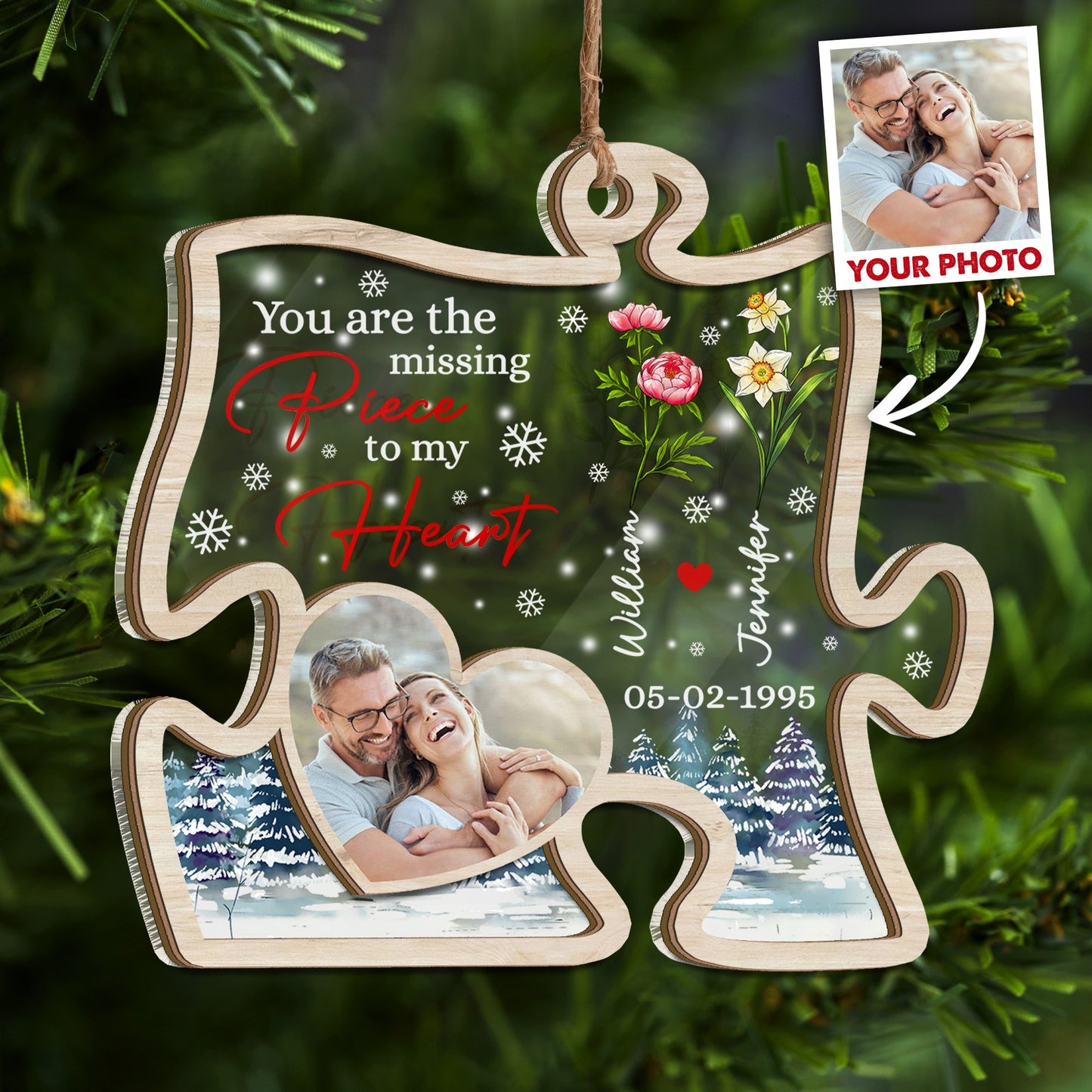 Personalized Couple Photo Christmas You Are The Missing Piece To My Heart 2 Layered Mix Ornament