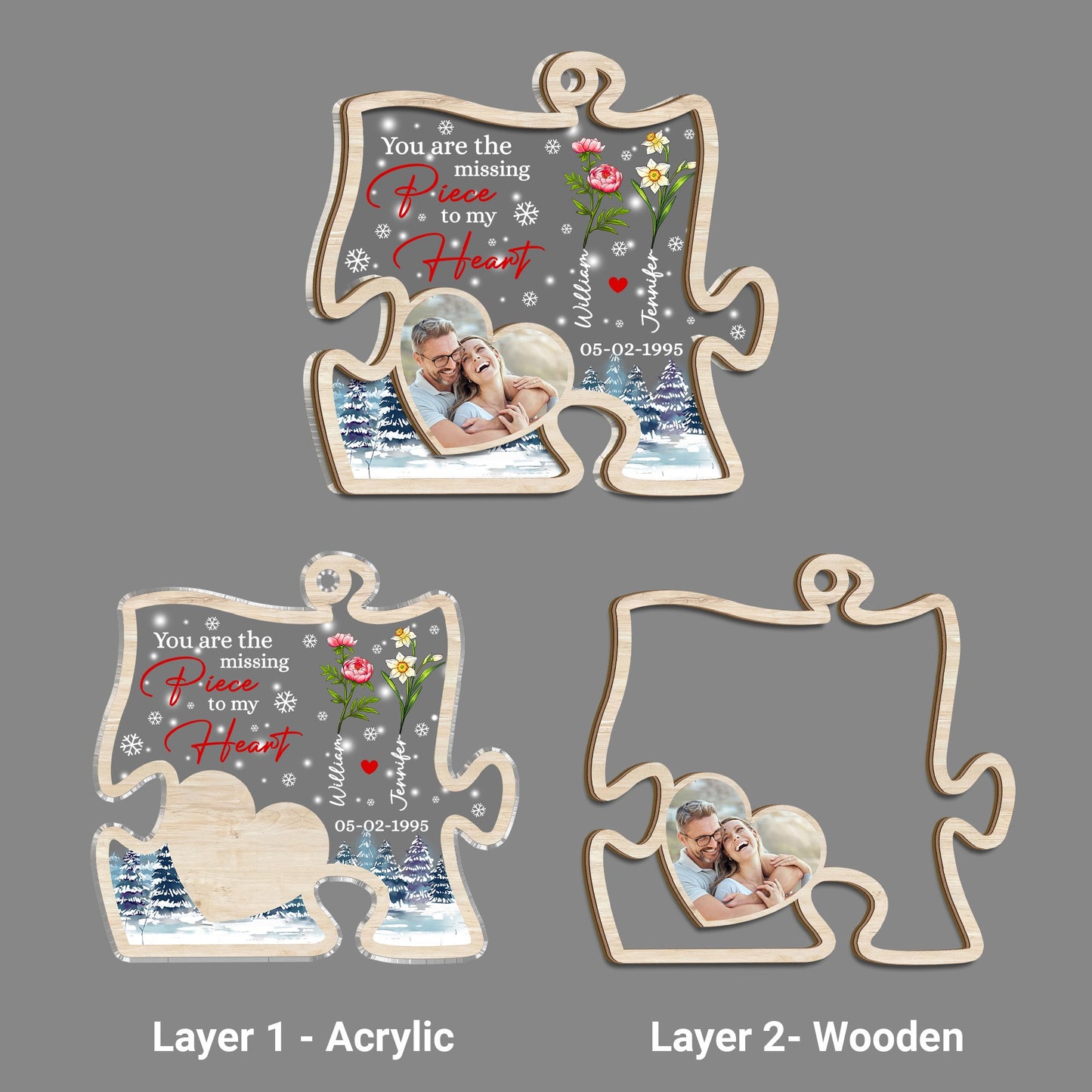 Personalized Couple Photo Christmas You Are The Missing Piece To My Heart 2 Layered Mix Ornament