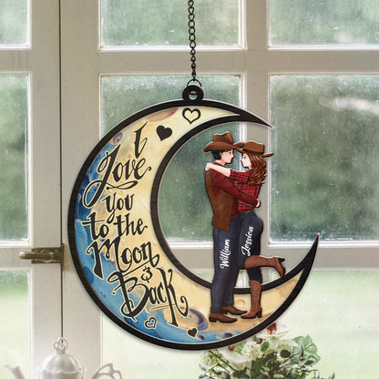 Personalized Couple Cowboy I Love You To The Moon And Back Hanging Suncatcher Ornament