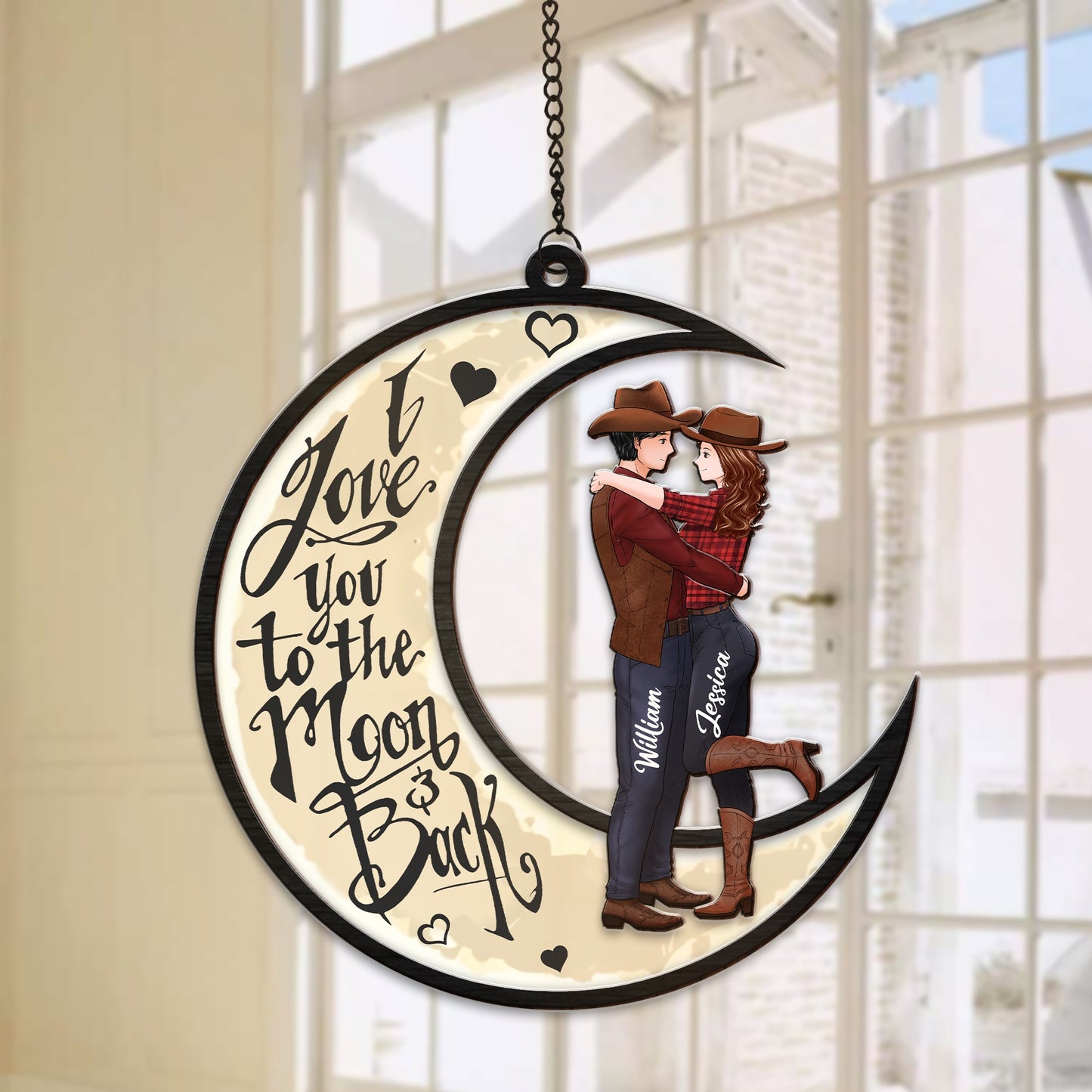 Personalized Couple Cowboy I Love You To The Moon And Back Hanging Suncatcher Ornament