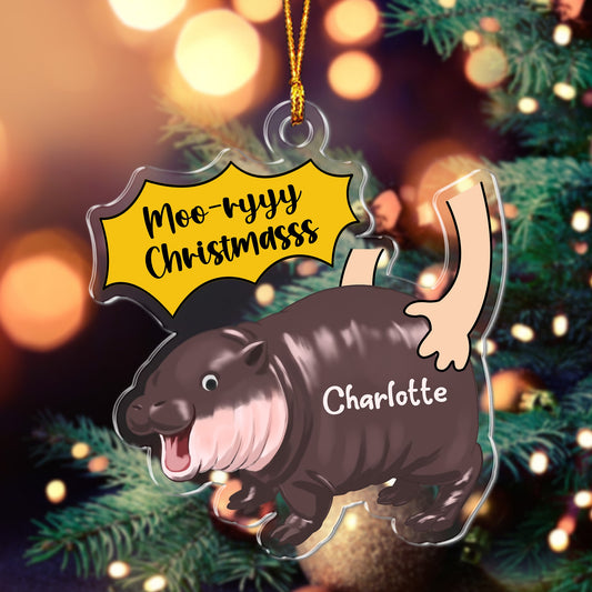 Personalized Cute Baby Hippo Moo Deng Christmas Acrylic Ornament, Moo Deng Hippo Lover Gift Acrylic Ornament