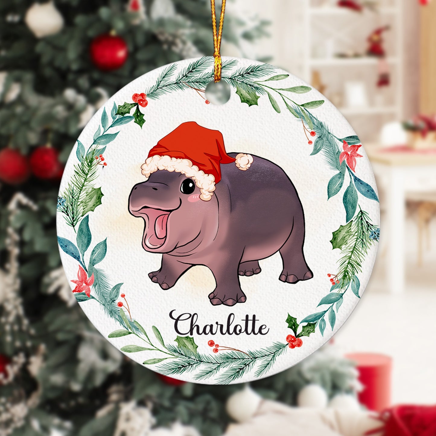 Personalized Cute Baby Hippo Moo Deng Christmas Ceramic Ornament