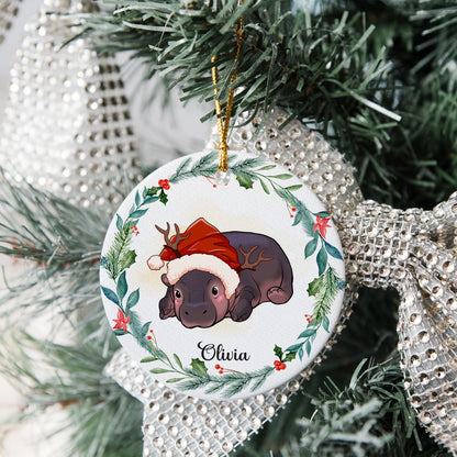 Personalized Cute Baby Hippo Moo Deng Christmas Ceramic Ornament