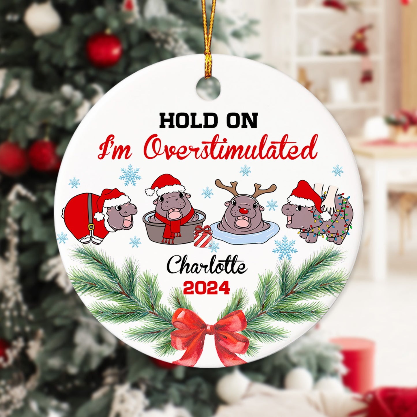 Personalized Cute Baby Hippo Moo Deng Hold On I'm Overstimulated Christmas Ceramic Ornament