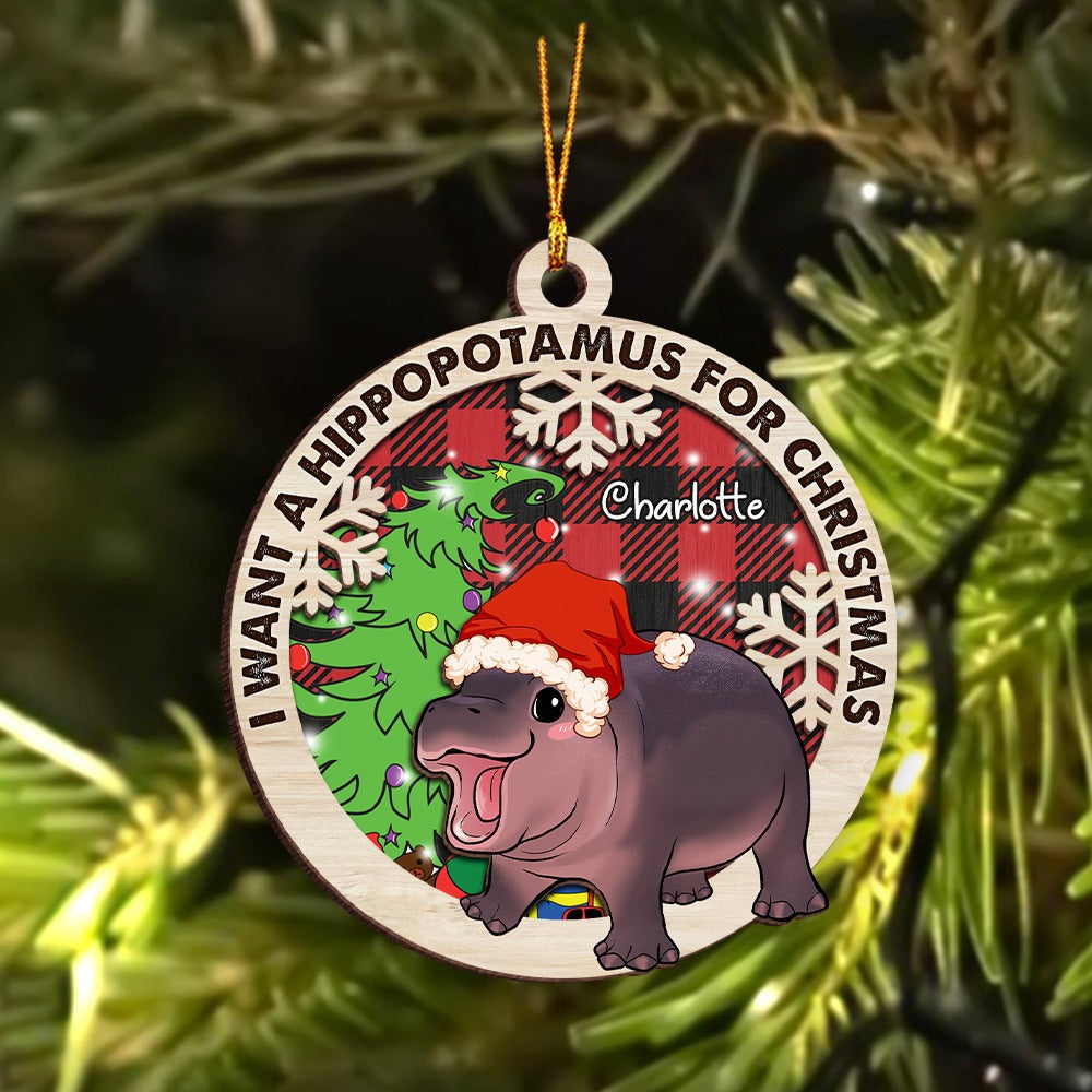 Personalized Cute Baby Hippo Moo Deng I Want A Hippopotamus For Christmas 2-Layer Wooden Ornament