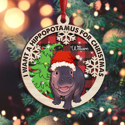 Personalized Cute Baby Hippo Moo Deng I Want A Hippopotamus For Christmas 2-Layer Wooden Ornament