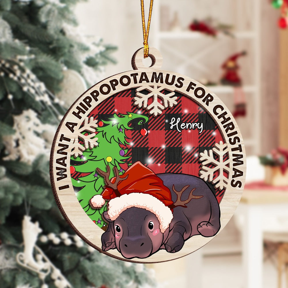 Personalized Cute Baby Hippo Moo Deng I Want A Hippopotamus For Christmas 2-Layer Wooden Ornament