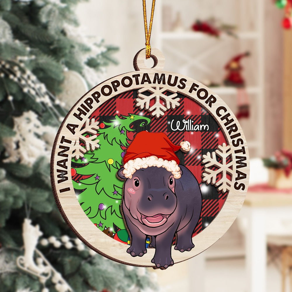 Personalized Cute Baby Hippo Moo Deng I Want A Hippopotamus For Christmas 2-Layer Wooden Ornament