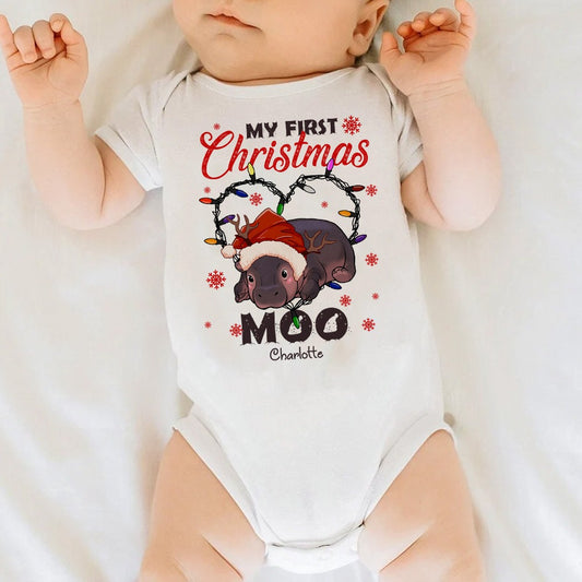 Personalized Cute Baby Hippo Moo Deng My First Christmas Baby Onesie