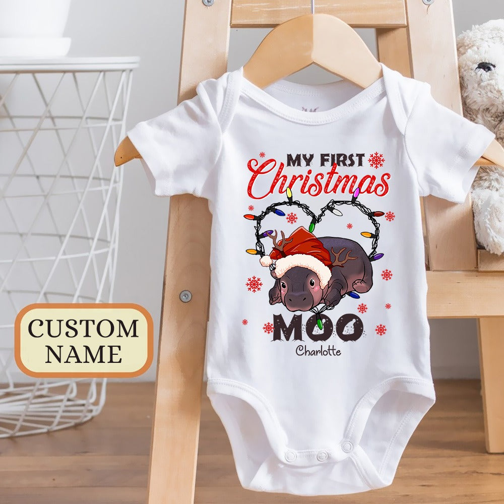 Personalized Cute Baby Hippo Moo Deng My First Christmas Baby Onesie