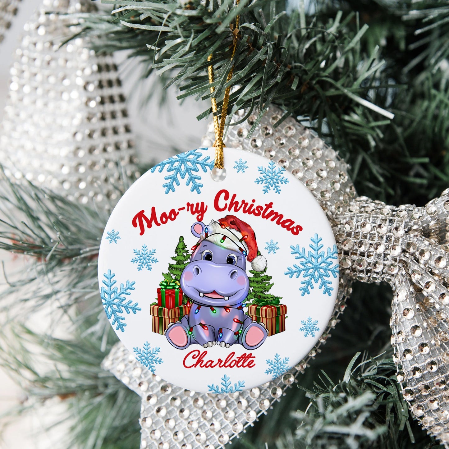 Personalized Cute Moo Deng Hippo Christmas Ornament, Moo Deng Moo-Ry Christmas Ceramic Ornament