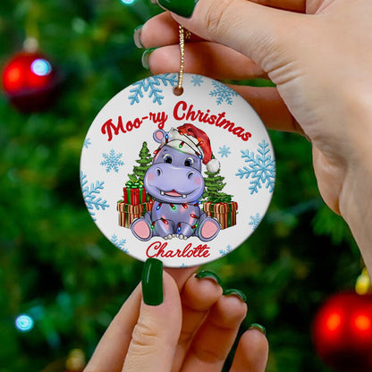 Personalized Cute Moo Deng Hippo Christmas Ornament, Moo Deng Moo-Ry Christmas Ceramic Ornament