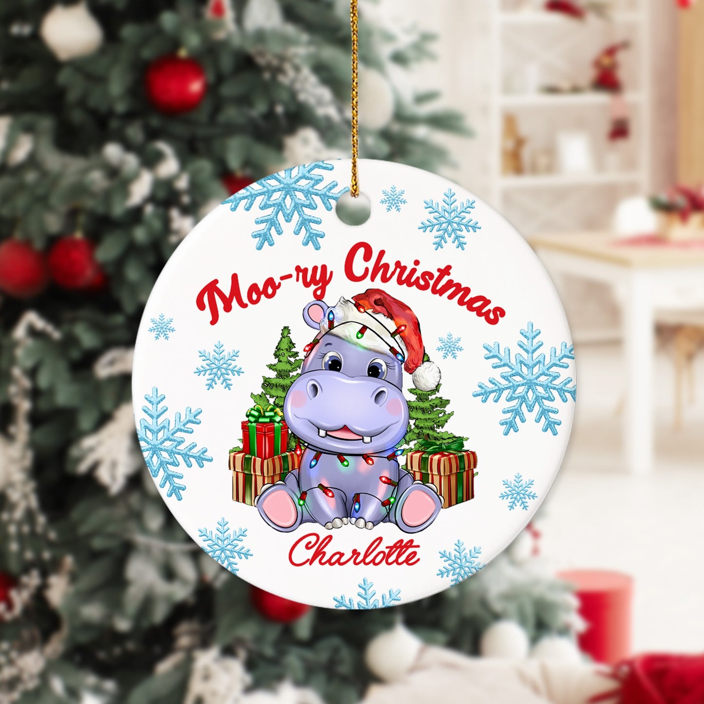 Personalized Cute Moo Deng Hippo Christmas Ornament, Moo Deng Moo-Ry Christmas Ceramic Ornament