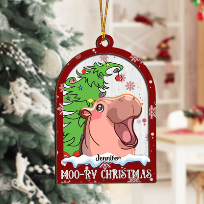 Personalized Cute Moo Deng Hippo Christmas, Moo-Ry Christmas 2-Layer Wooden Ornament