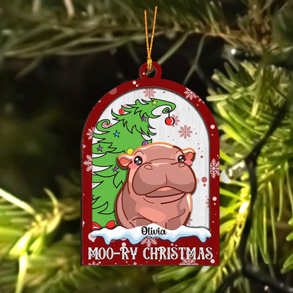 Personalized Cute Moo Deng Hippo Christmas, Moo-Ry Christmas 2-Layer Wooden Ornament