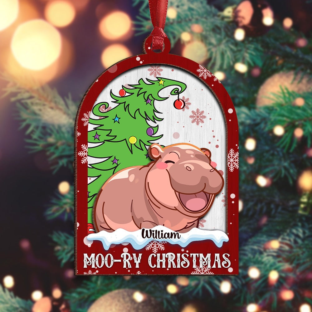 Personalized Cute Moo Deng Hippo Christmas, Moo-Ry Christmas 2-Layer Wooden Ornament